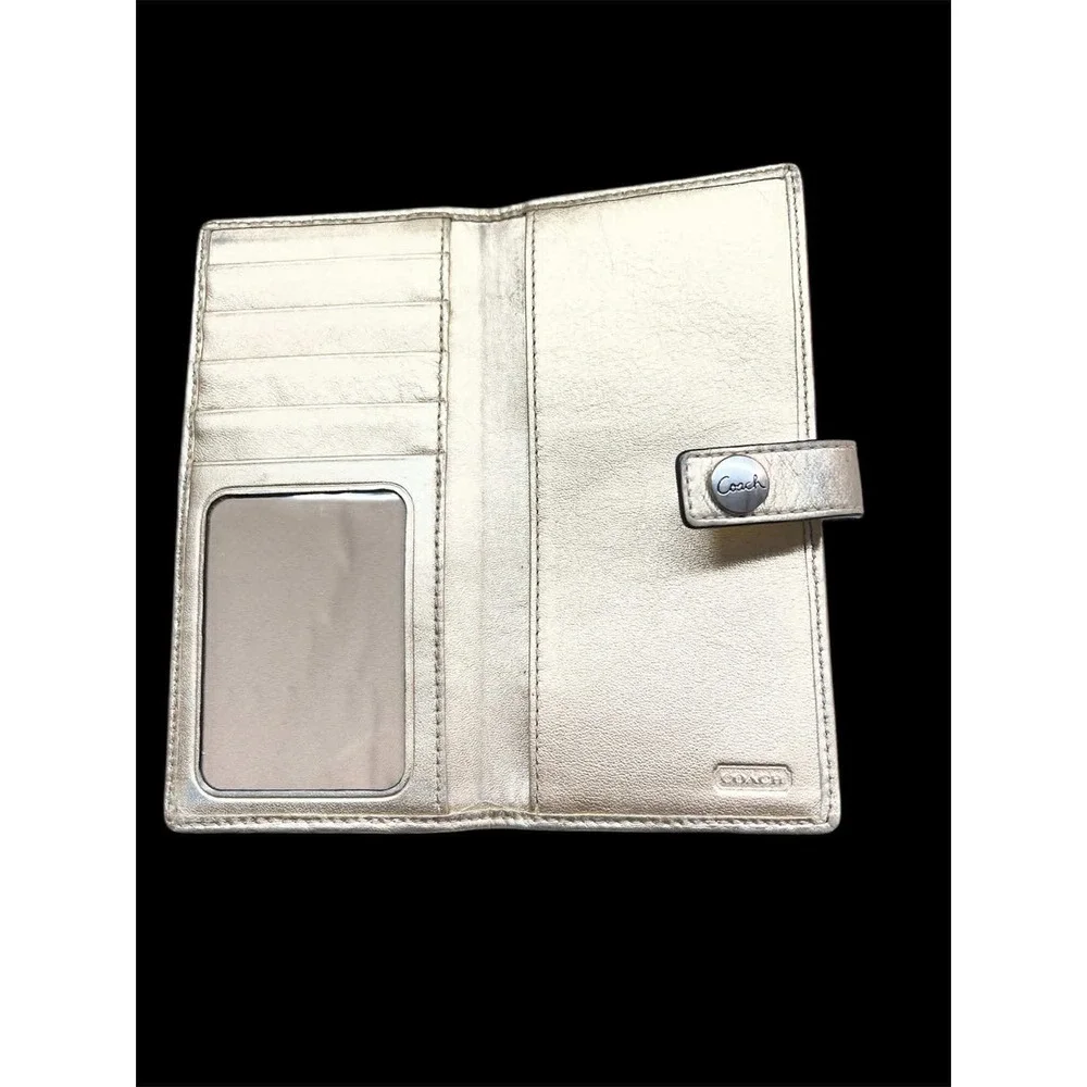Coach Signature Jacquard Slim Checkbook Wallet Metallic Champagne‎ Leather Trim